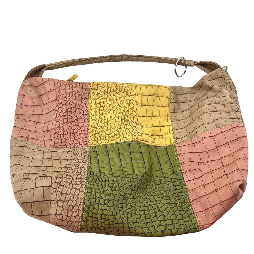 Multicolor Patchwork Croc Embossed Hobo Shoulder Bag Large Slouchy Boho Zipper